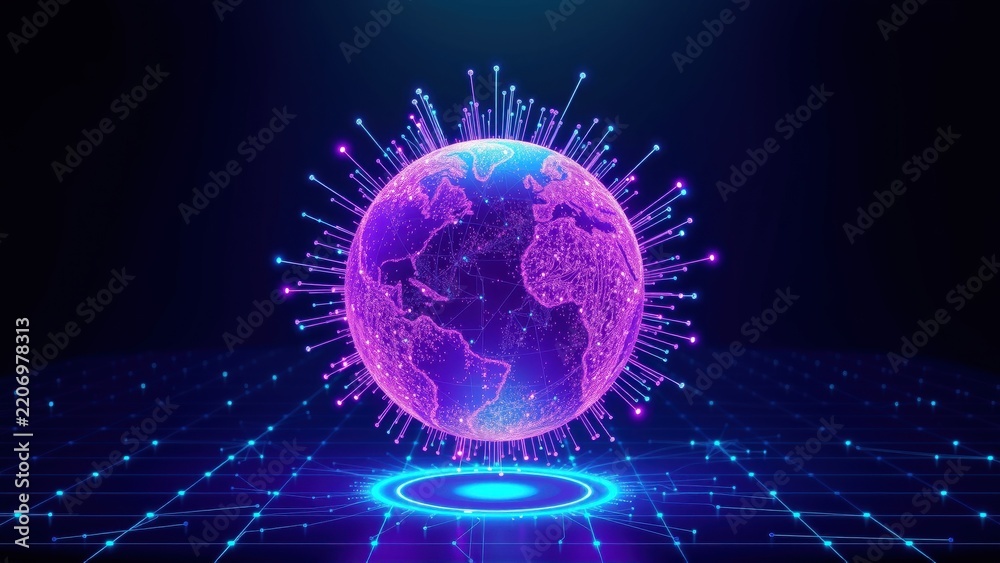 Fototapeta premium Glowing Earth representation. Digital network connects continents. Futuristic design, vibrant colors, dark background creates depth. Technology concept.