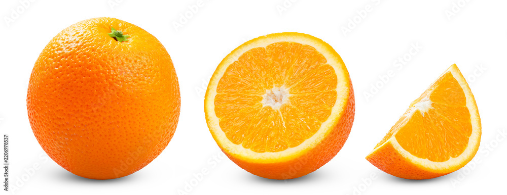 Obraz premium Isolated citrus orange fruits set on white background. Ripe juicy orange fruit, half of orange fruit and cut in a slice of orange collection isolate. Not AI.