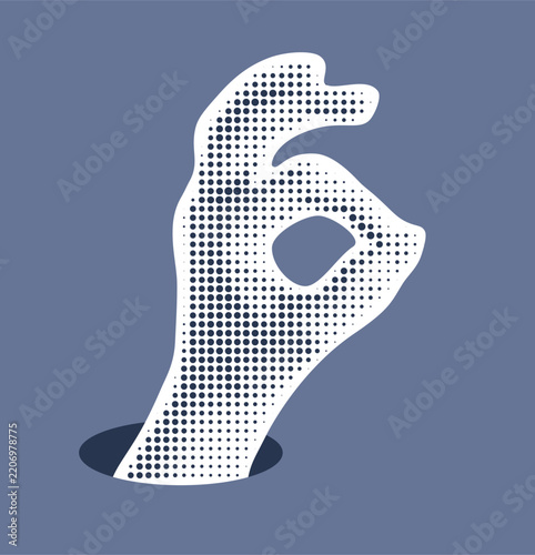 Halftone hand showing OK sign gesture emerging from a dark hole, navy blue and white pop art collage vector illustration isolated on muted blue background.