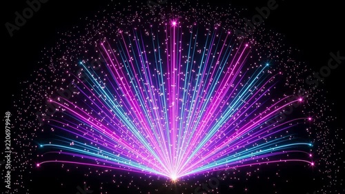 Vibrant blue and pink light rays erupting from a central point against a deep black background