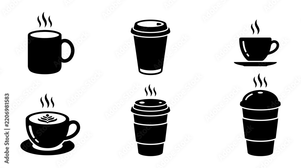 Obraz premium Steaming hot beverage cups and mugs: diverse graphic icons for drinkware assortment