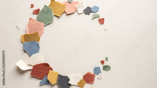 Colorful abstract paper pieces arranged in a curved organic pattern on a transparent background