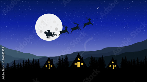 Santa Claus Sleigh Flying Over Full Moon Christmas Mountain Landscape