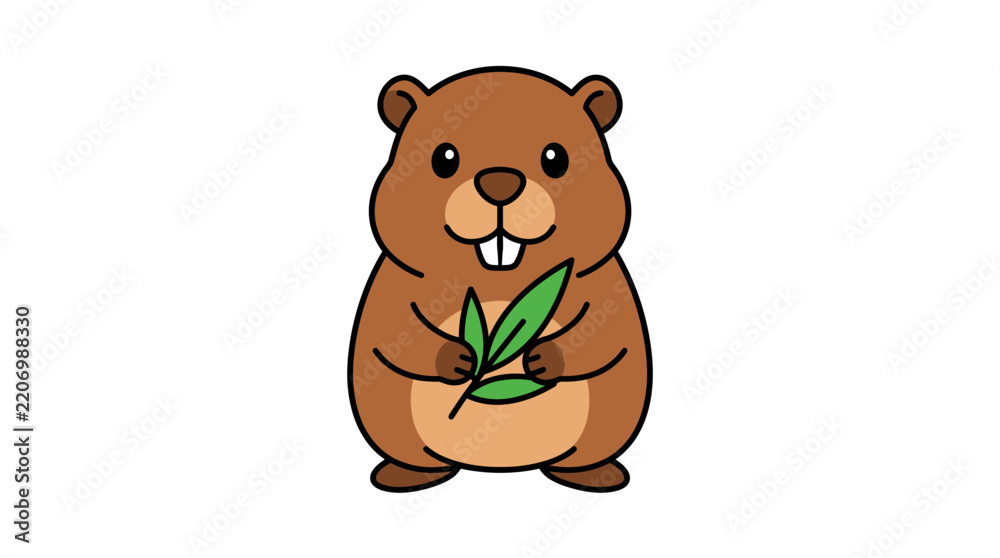 Fototapeta premium Cute Cartoon Beaver Holding Bamboo Leaf Vector Illustration