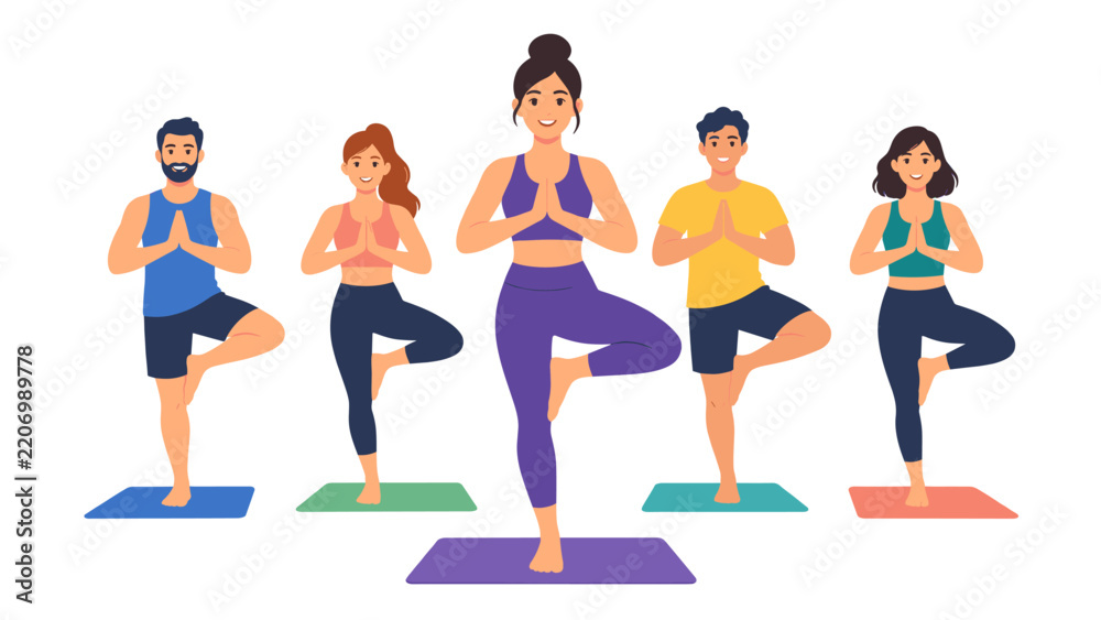 Fototapeta premium Yoga tree pose group fitness illustration