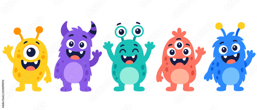 Obraz premium Colorful alien monster characters waving illustration