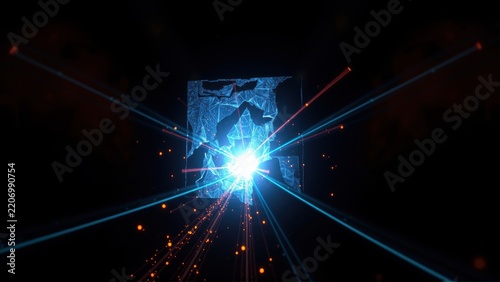 Bright energy burst emanating from fractured cube structure. Lines radiate outward, creating dynamic visual effect. Dark background emphasizes luminosity.