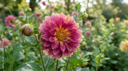 Vibrant dahlia blooms in sunlit garden setting. Petals blend soft pinks with deep magenta hues. Center displays golden, intricate, pollen-rich stamen