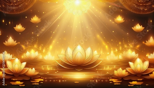 asalha puja festival backdrop golden gradient with soft halo illumination floating lotus petals