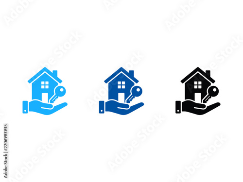 Real estate house key icon set with hand holding home symbol in blue and black colors.