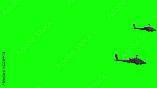 3d rendered animation of flying military helicopters on green screen