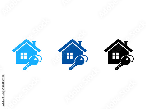 Real estate house and key icons in blue and black colors for property sales and rentals.