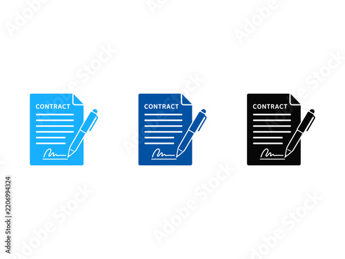Business contract document icons with pen and signature in blue and black colors.