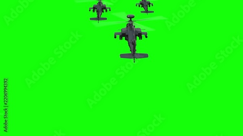 3d rendered animation of flying military helicopters on green screen