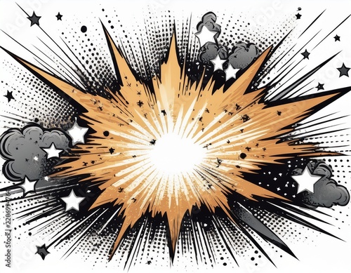 retro comic book explosion burst shape with halftone dots and stars on a white background isolated on white background