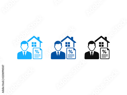 Real estate agent icons with house and mortgage interest rate document symbols.