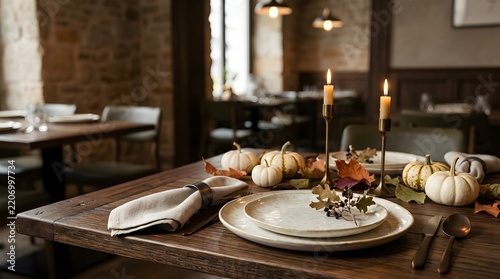 Elegant restaurant table setting with white pumpkins and candles for a festive autumn dinner event