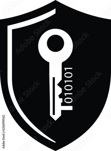 Minimalist key graphic inside shield shape for security and access concept