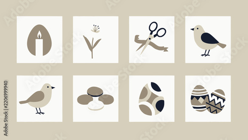 Set of minimalist vector icons featuring Easter elements in soft neutral earth tones.