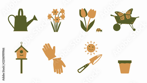 Set of flat garden icons featuring tools flowers and insects for spring season design.