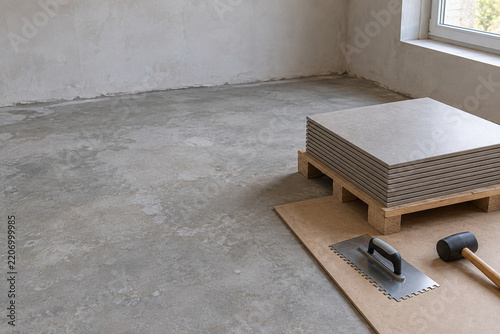 Floor tiles and tiling tools on a concrete subfloor in an unfinished room