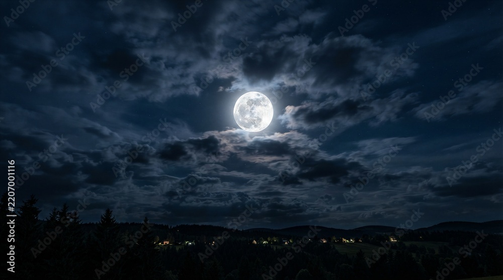 Obraz premium Moon shines brightly through dark, swirling clouds. Distant lights glow softly from a quiet town. Silhouetted trees frame the serene nighttime scene. Dark hills stretch beneath a starry, moonlit sky
