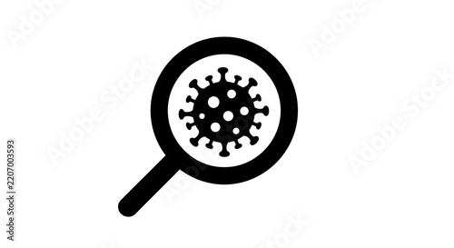 Black virus icon inside a magnifying glass isolated on transparent background
