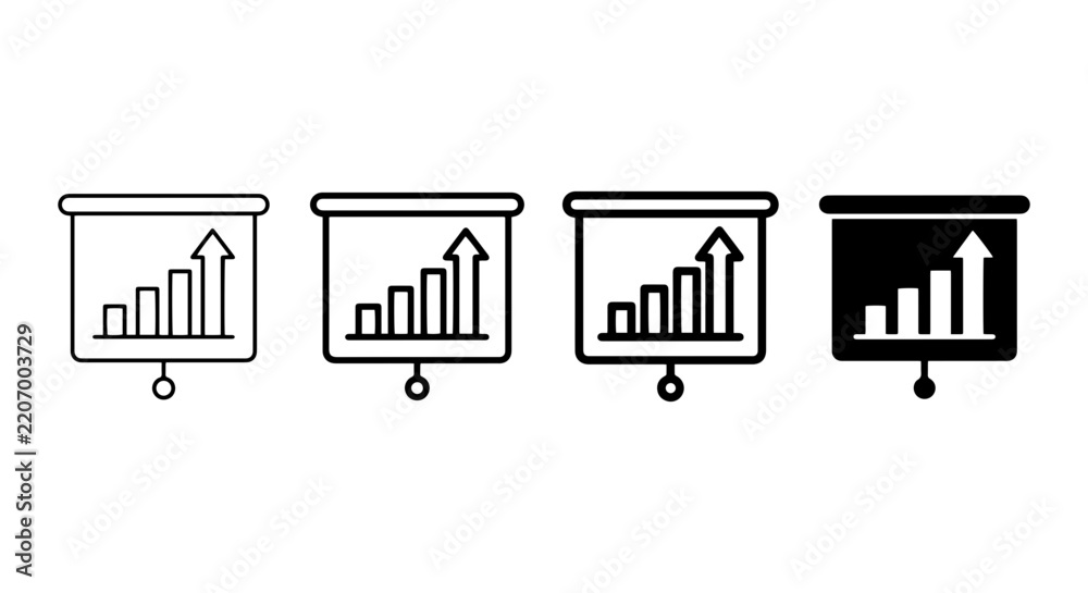 Obraz premium Growth Chart Icons: Presentation Screen Bar Graphs, Upward Trend Arrows, Business Analytics & Data Visualization Vector Set