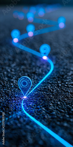 a Glowing path with checkpoints showing a concept for business roadmap and customer journey