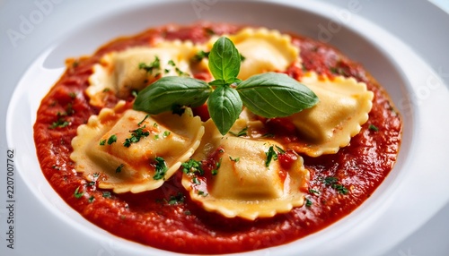 fresh ravioli pasta covered in a rich tomato sauce and garnished with herbs presented on a white plate for an italian dinner