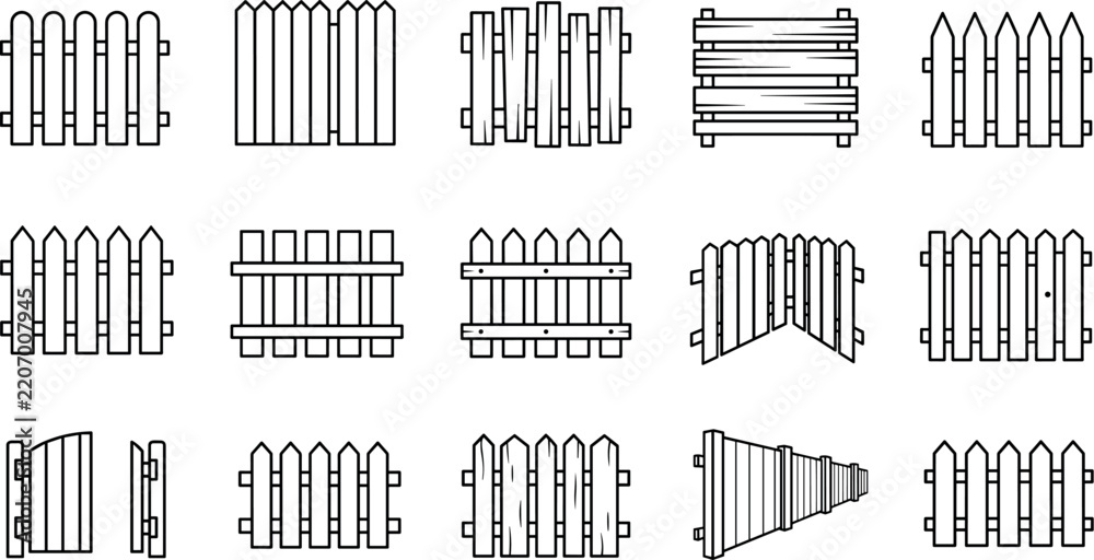 Obraz premium Wooden Fence and Garden Picket Icon Set for Real Estate Website DesignWooden Fence and Garden Picket Icon Set for Real Estate Website Design