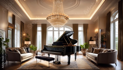 luxurious classic living room interior featuring a grand piano elegant chandelier sophisticated upholstered furniture and warm ambient lighting in a high end residential architectural design space