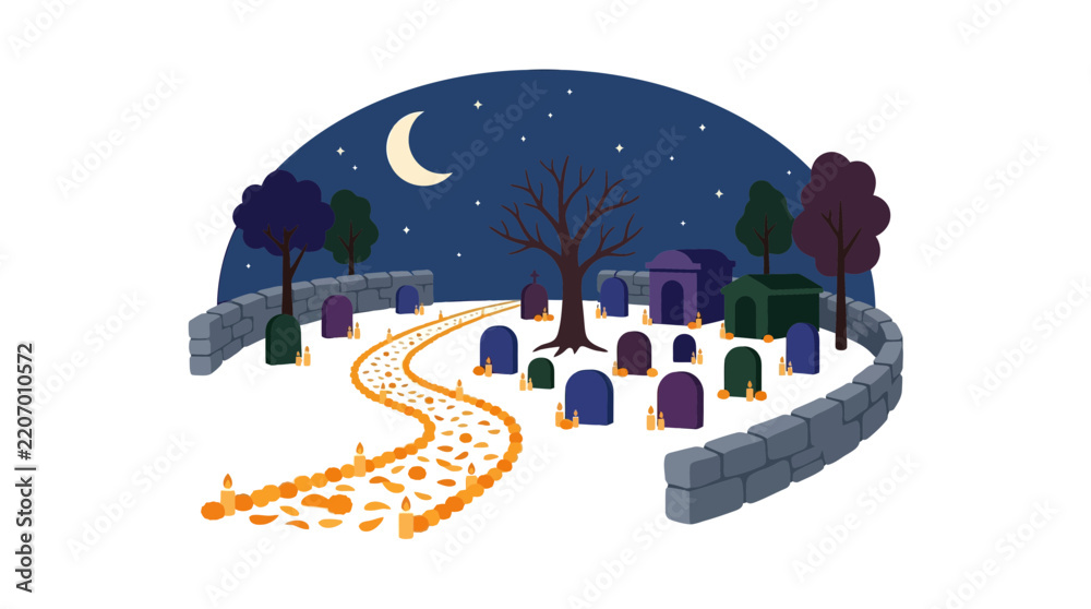 Obraz premium Flat vector illustration of a graveyard with candles and tombstones under a crescent moon