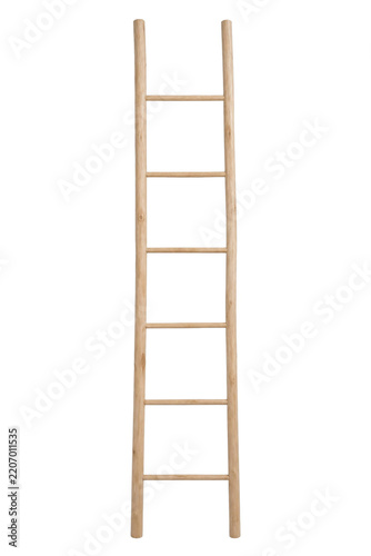 Tall, rustic wooden ladder with six rungs stands vertically, showcasing its natural light wood grain on a clean white background