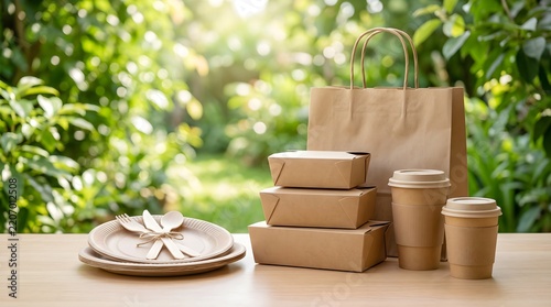 Eco friendly takeout food packaging with natural background.