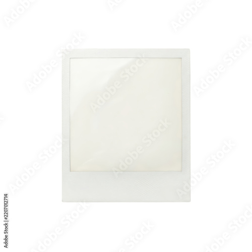 Blank white instant photo frame with empty square photograph area isolated on black background for minimalist design and copy space