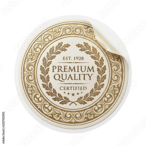 Premium quality certified seal with ornate gold laurel wreath and decorative vintage emblem on a white circular plaque