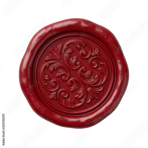 Red wax seal with ornate floral embossing isolated on a black background in an elegant vintage style