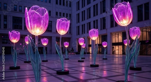 Surreal Scene of Giant Translucent Tulips in Modern City Plaza