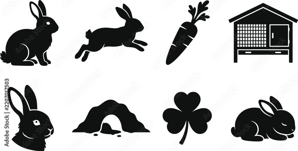 Fototapeta premium Rabbit and pet supply icon set with sitting bunny, jumping rabbit, carrot, hutch, burrow, clover and sleeping bunny silhouettes