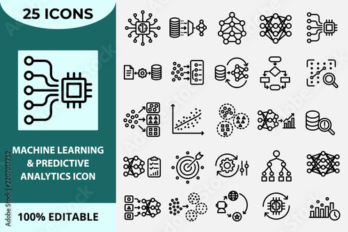 Machine Learning and Predictive Analytics Neural Network Data Analysis Icon Set.