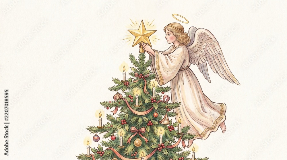 Fototapeta premium Christmas angel illustration placing golden star on festive Christmas tree
