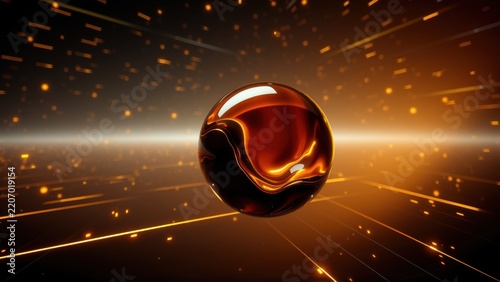 Glossy sphere floats amid radiant lines, warm tones dominate composition. Abstract digital art evokes energy, depth.