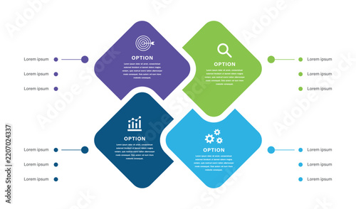 Four option diamond business infographic with icons and central text for modern presentation and corporate templates