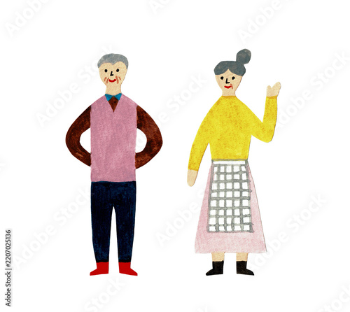 Fototapeta 笑顔で手を振るシニアの男女イラスト｜老夫婦・高齢者の暮らし