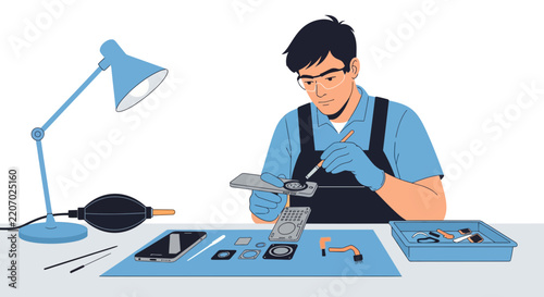 Skilled mobile phone repair technician meticulously fixing a device on a workshop table with various tools and components, showcasing technical expertise and dedication to electronic service.