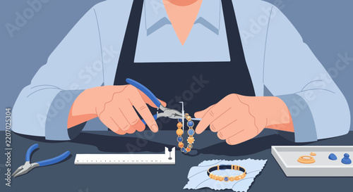 Skilled artisan meticulously repairing a colorful gemstone bracelet with specialized tools