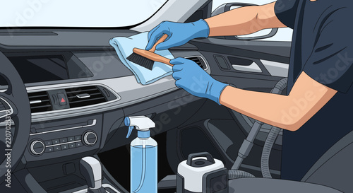 Close-up of hands in blue gloves cleaning the dashboard of a car with a brush and cloth