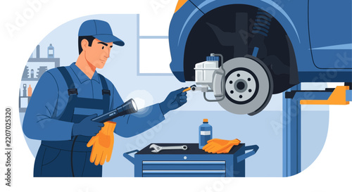 Auto mechanic carefully inspecting car brake system with flashlight and tools in workshop