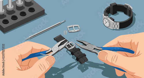 Watch repair technician meticulously replacing strap buckle with tools and precision on a workbench